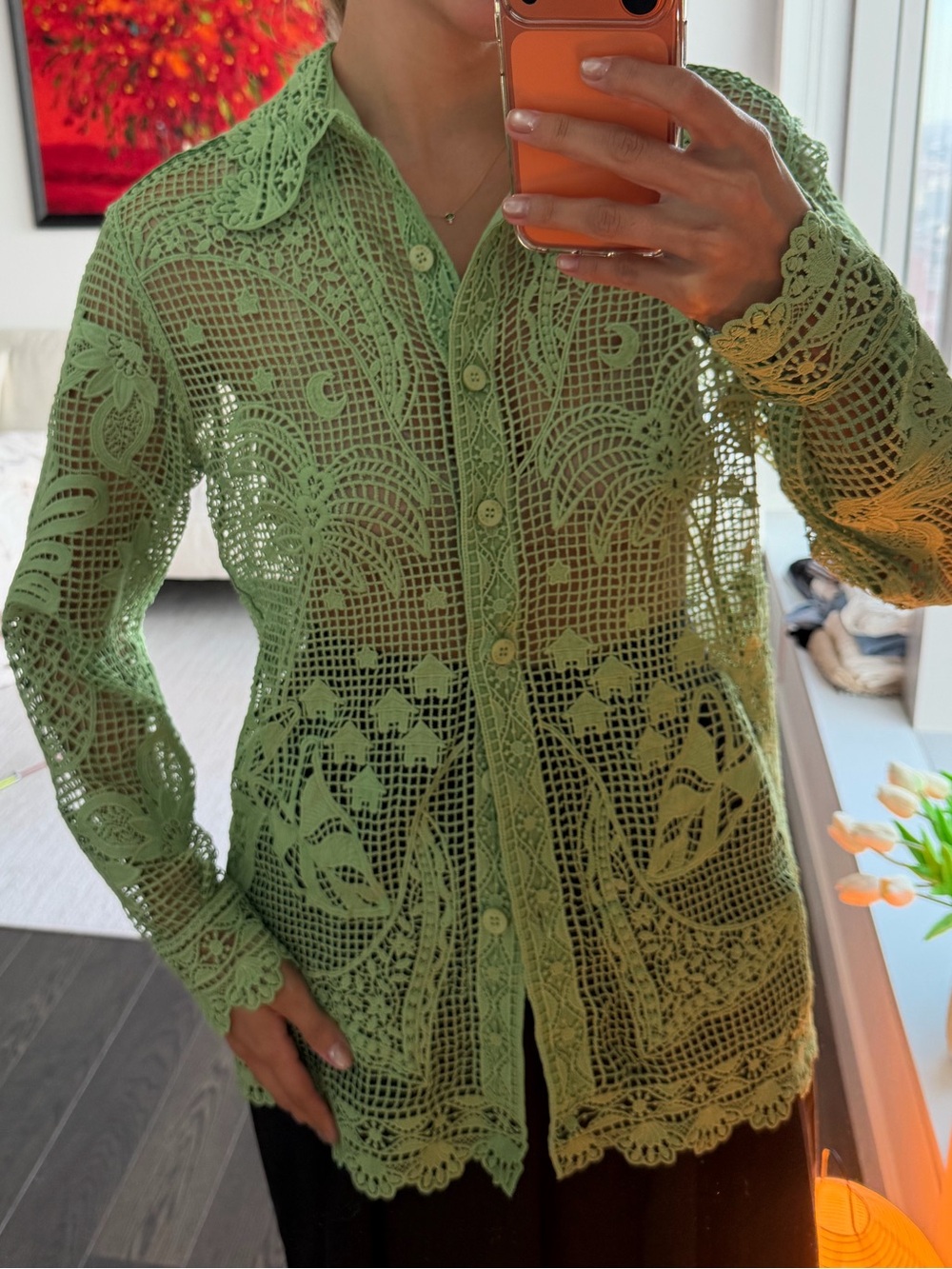 FARM Rio Men’s XS Green Crochet Lace Button-Up Shirt